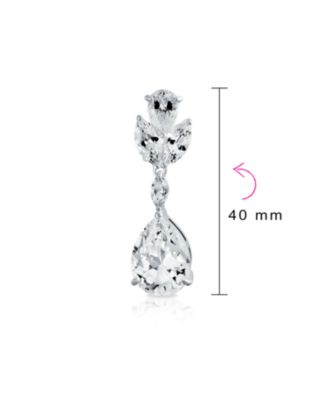 Classic Formal Leaf Motif CZ Cubic Zirconia Teardrop Dangle Clip-On Earrings Silver Plated