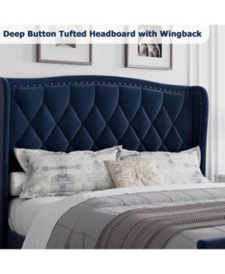 Full Size Wingback Bed Frame, 4 Drawers, Velvet Upholstered with Charging Station, Button Tufted