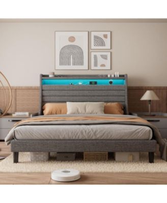 Full Bed Frame with 2-Tier Storage Headboard, Charging Station & LED Lights, Under Bed Storage