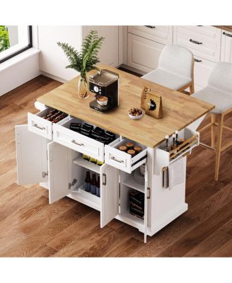 54" White Kitchen Island with Drop Leaf, 4 Doors, 3 Drawers, on Wheels
