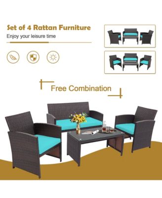 4PCS Patio Rattan Furniture Set Cushioned Chair Sofa Coffee Table