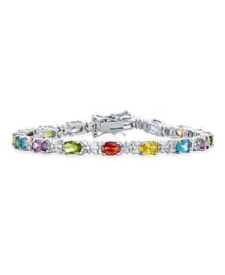 12 CTW Cubic Zirconia Oval CZ Colorful Multi Color Tennis Bracelet 7-7.5 Inch Silver Plated