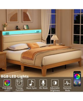 Boucle Bed Frame with Headboard LED Smart RGB Charging Multi Functional Storage Platform Easy Build