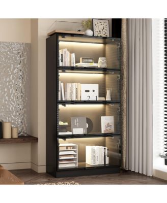 Modern Wood 4-Shelf Bookcase with Doors and 3-Color LED Lights