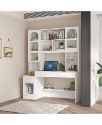 79.1 in. Tall Wood 13-Shelf Standard Bookcase with Writing Desk Table, Glass Door Cabinet,Drawers, French Style