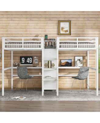 Twin Over Twin Metal Loft Bed with Double Desk, Wardrobe, Shelves & Outlet