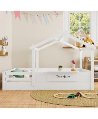 Full Size Floor Bed with Guardrails, Roof, Tray & Signboard