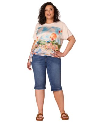 Plus Size Short-Sleeve Mixed-Media Print Top