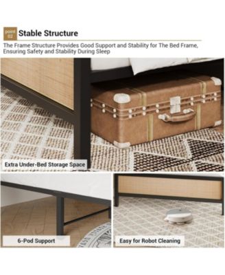 Queen Platform Bed Frame With Rattan Headboard and Footboard Rounded Corners Metal Slats Enhanced Stability