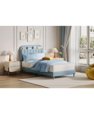 Twin Bed Frame Storage Headboard Velvet Upholstered Platform Bed Kids Wood Slats Noise Free