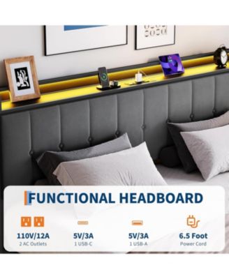 King Lift Up Storage Bed Frame Velvet Upholstered Hydraulic Platform Storage Headboard LED Charging Wood Slats No Box Spring