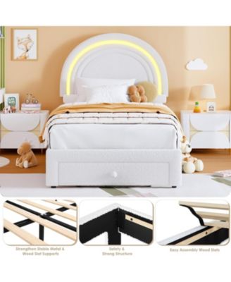   Bed Frame for Kids Boucle Platform LED Rainbow Headboard Storage Drawer Berber Fleece Sturdy Wood Slats