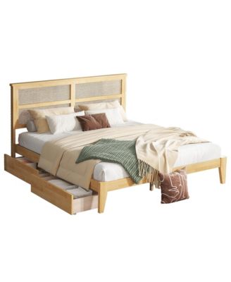 King Bed Rattan Headboard, Storage Drawers