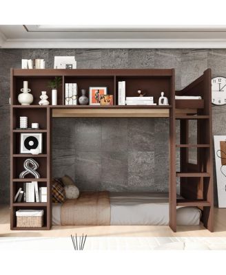 Queen Size Wooden Loft Bed with Storage Cabinets and Shelves