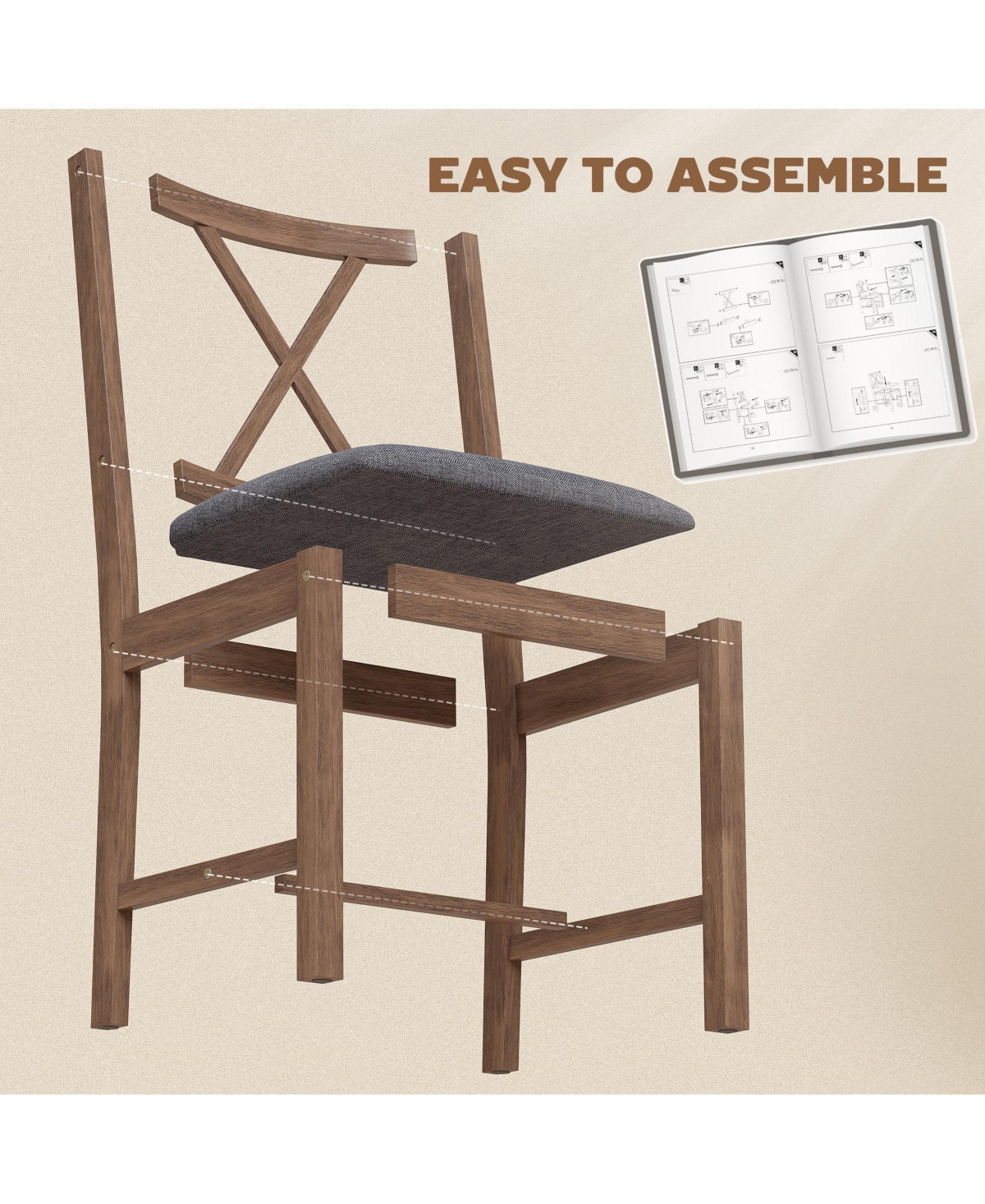 Homcom Farmhouse Wooden Dining Chairs Set of Fabric Kitchen Chairs