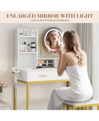 Makeup Vanity Set with Rotating Lighted Mirror, Stool, 2 Drawers and Power Outlet