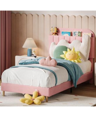   Upholstered Platform Bed With Bookcase Headboard Velvet Mattress Foundation Steel Legs Noise Free