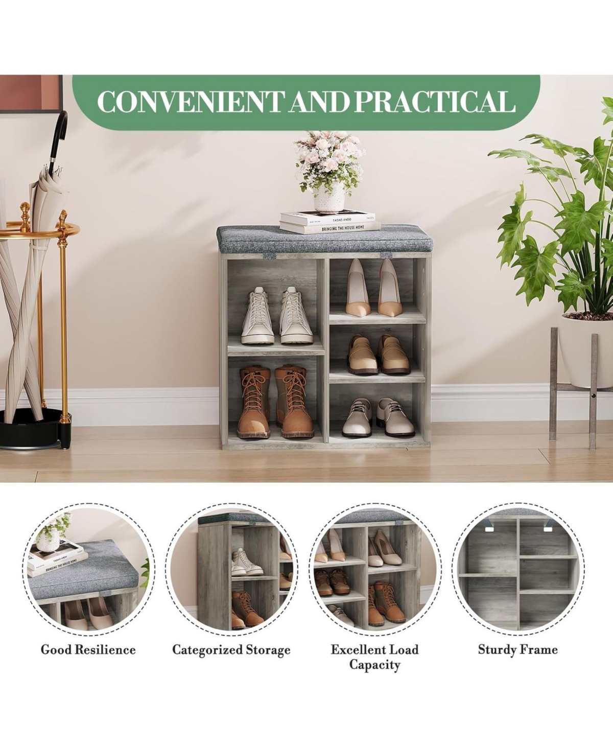 gaomon Entryway Shoe Bench with Storage and Cushioned Seat