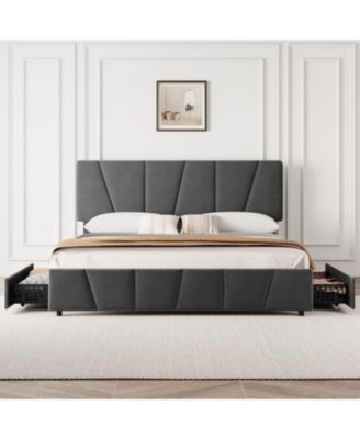 King Bed Frame Adjustable Headboard 4 Drawers Velvet Upholstered Tufted Platform Wood Support