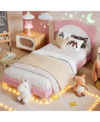Full Panda Princess Bed Frame for Kids Velvet Upholstered Platform Wood Slats No Box Spring Modern Princess