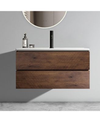 36" Walnut Wall-Mount Vanity w/ Ceramic Sink