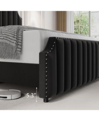 King Velvet Bed Frame 50 Inch Channel Tufted Tall Headboard Upholstered Platform Nailhead No Box Spring