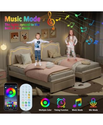 Twin Velvet Bed Frame Led Headboard Platform For Kids Wooden Slats No Box Spring  With Drawer