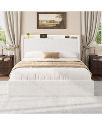 Full Boucle Upholstered Bed Frame Platform with 4 Drawers and Headboard Soft Fabric No Box Spring Required Easy Assembly
