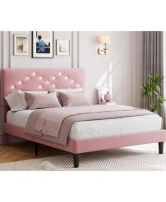 Queen Bed Frame with Headboard Upholstered Platform Crystal Diamond Tufted for Kids Easy Assembly Wood Slats No Box Spring