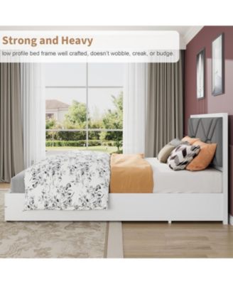 Queen Size Bed Frame Wood Platform Upholstered Fabric Headboard Wood Slat Support No Box Spring Easy