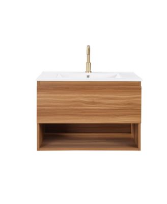 29" Wall Mounted Bathroom Vanity with Sink, Modern Walnut MDF Cabinet, Large Drawer Storage for Small Space