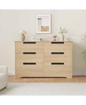 6 Drawer Dresser for Bedroom, Natural Modern Double Dresser Organizer with Embedded Handles Design