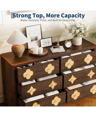 6 Drawer Dresser for Bedroom, 47.2'' Wide Dresser, Boho Chest of Drawers, Wooden Chest with Clothes Storage Cabinet