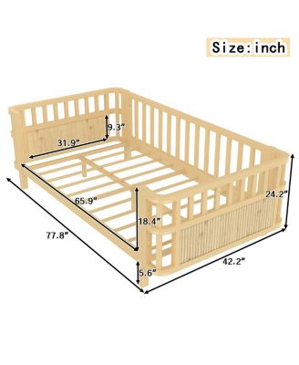 Children's double wooden platform bed with railings (Twin, Natural)