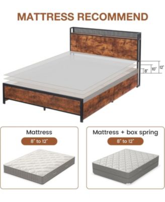 Full Platform Bed Frame With Storage Headboard 4 Drawers LED Bed USB Ports Wood Slats Retro