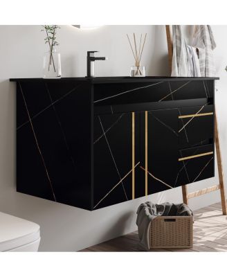 Floating Bathroom Vanity with Faux Marable Top, Integrated Ceramic Sink, Soft Close Drawers, Luxury Modern