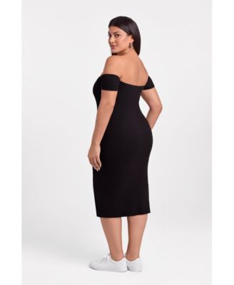 Women's S3 Off the Shoulder Straight Neck Ribbed Sculpting Midi Dress with Built-In Shapewear