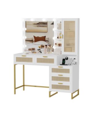 Modern Makeup Vanity Desk Set with Adjustable Mirror, Bench and Charging Station