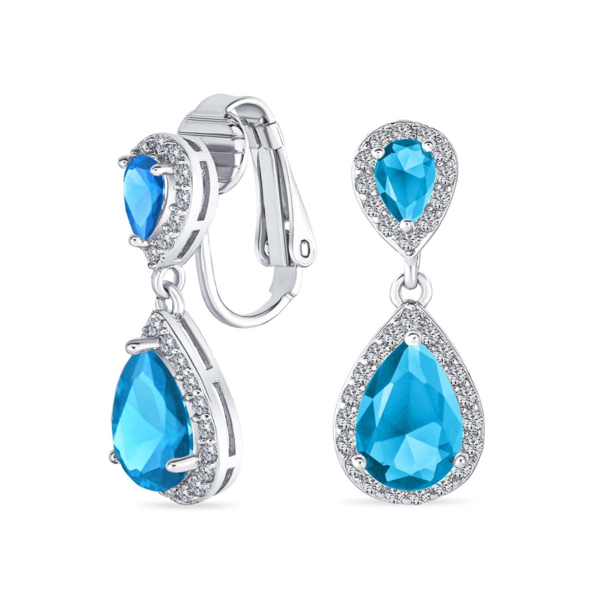 Bling Jewelry Classic Bridal Cocktail Halo Cubic Zirconia Blue Cz Double Solitaire Teardrop Dangle Clip On Earrings - Light blue