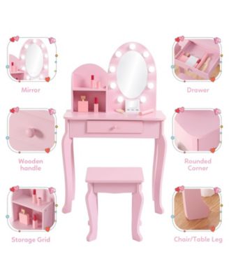 Kids Wooden Vanity Set with Lighted Mirror and Stool