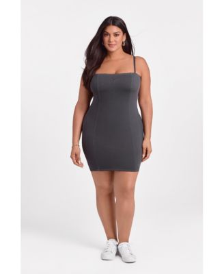 Women's Denim Straight Neck Sculpting Mini Dress with Built-In Shapewear