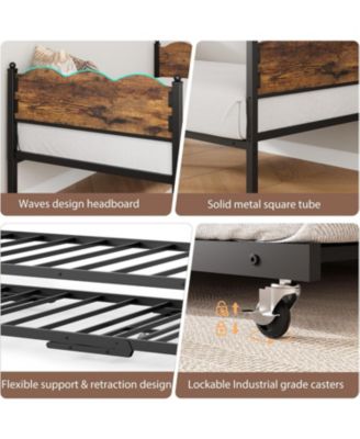 Twin Daybed with Trundle, Industrial Wood Grain Headboard, Steel Slats Support Sofa Bed for Bedroom, Living Room