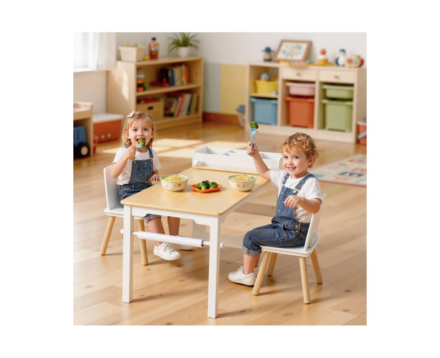 Toddler Craft Table Set with 2 Chairs and Storage Shelves