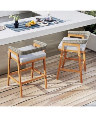 Set of 2 Patio Acacia Wood Counter Height Bar Stools with Cushions and Wicker Backs