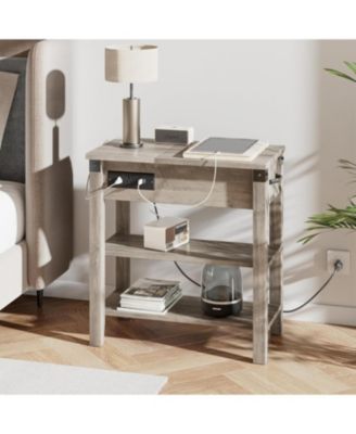 Narrow Flip-Top End Table with Drawer, Storage Shelves and Charging Station, Pale Oak