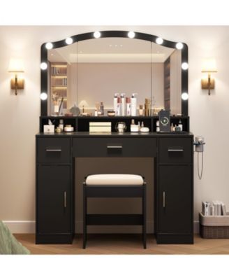 Makeup Vanity Desk with LED Lighted Mirror, 5 Drawers and Power Strip