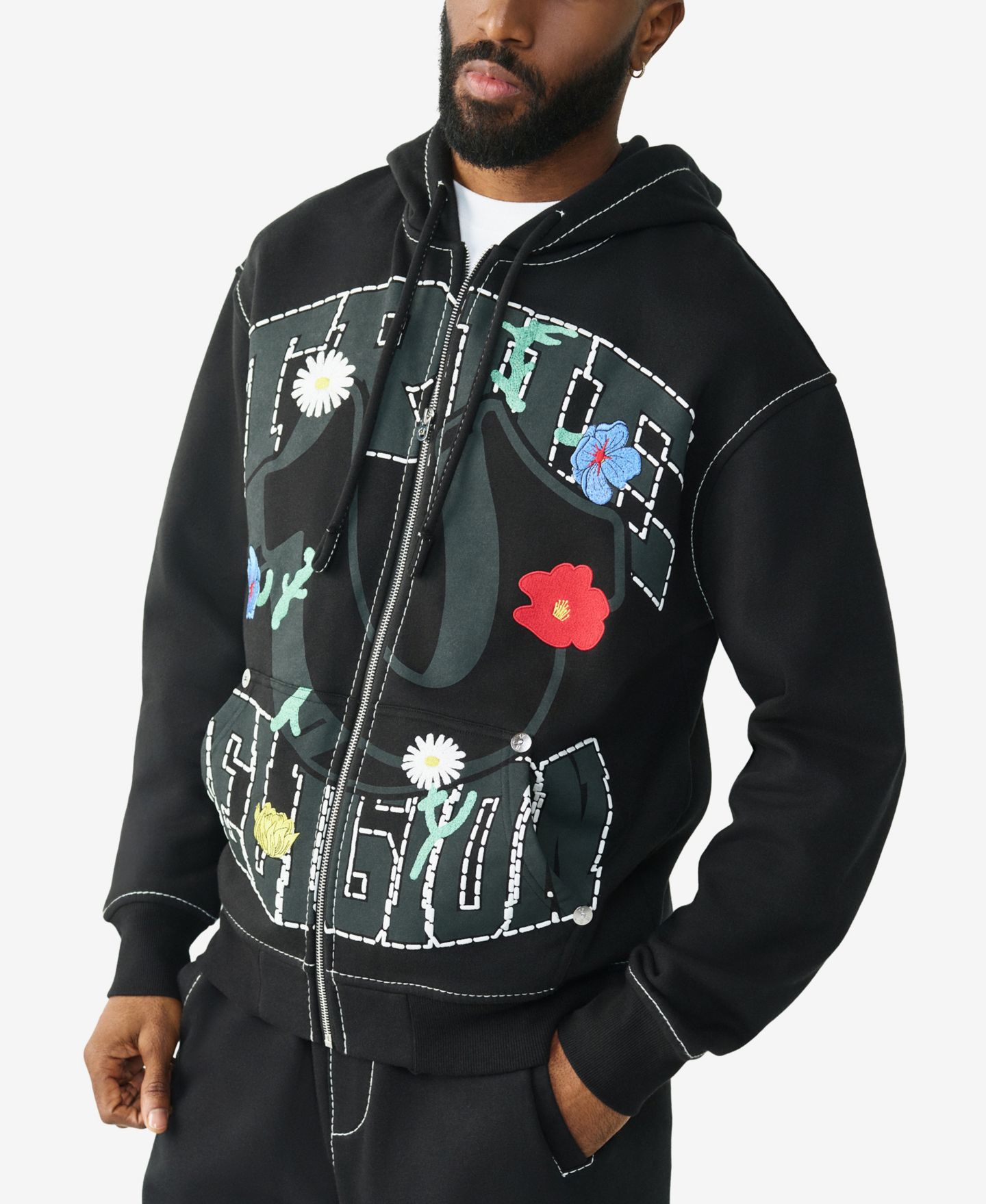 Мужское худи True Religion Long-Sleeve Zip-Up, цвет: Угольно-чёрный — фото 2