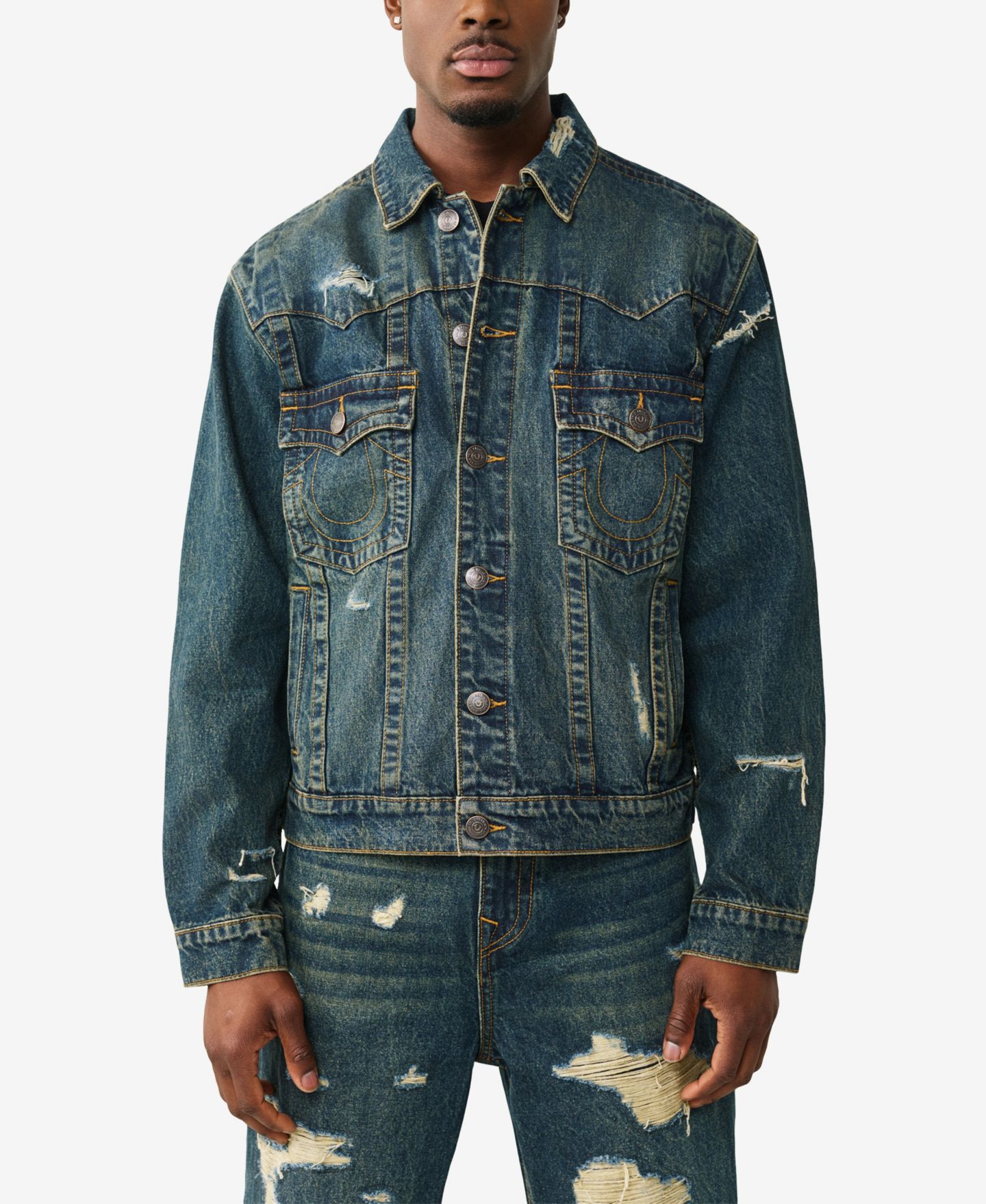 Мужская куртка True Religion Collared Destroyed Oversized, цвет: Джинсовая тёмная варка — фото 1