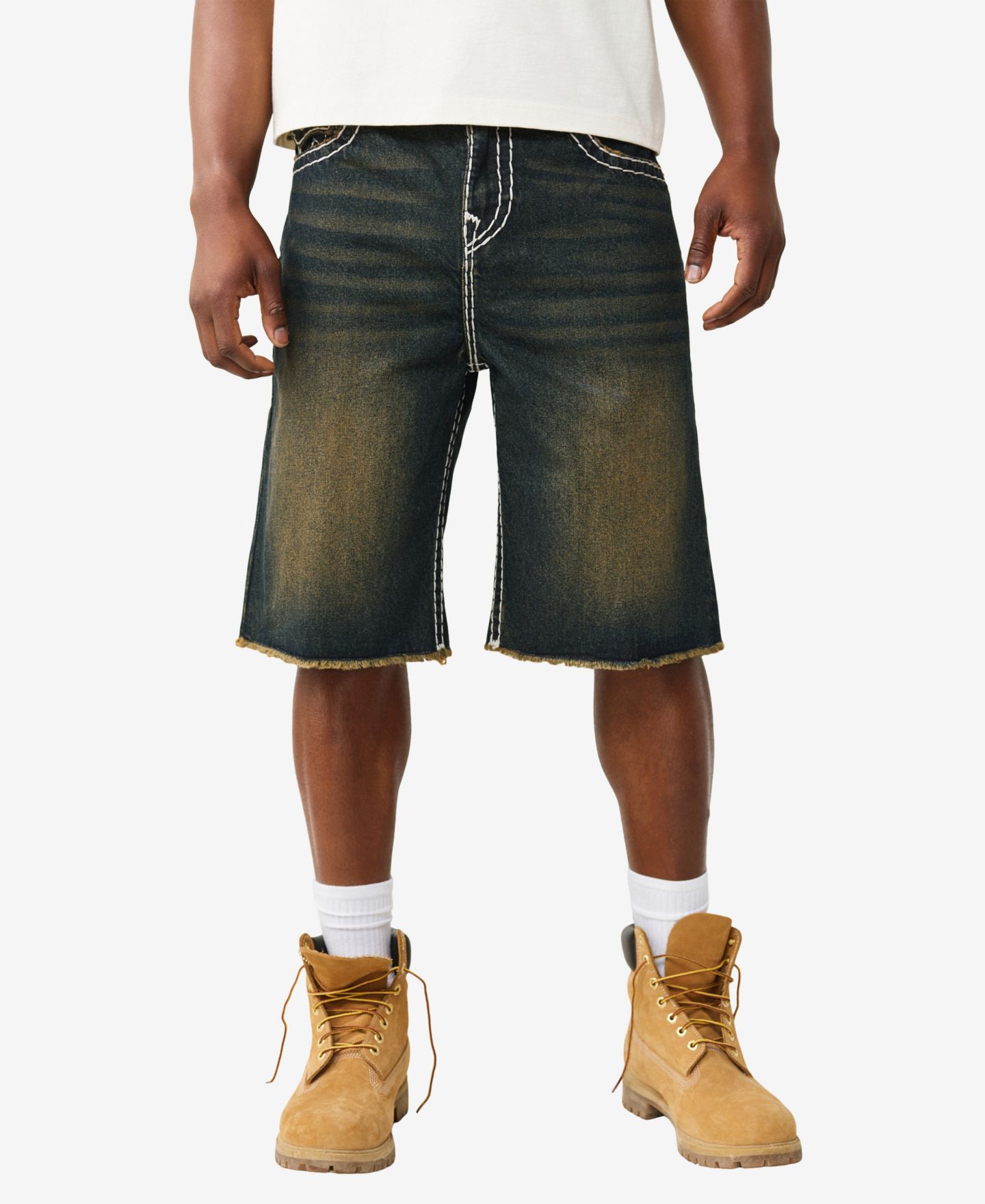 Мужские шорты True Religion Vinny Baggy Fray Flap, цвет: Джинсовая тёмная варка — фото 1