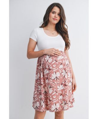 Maternity Floral Scoop Neck Short Sleeve Dress with Pockets